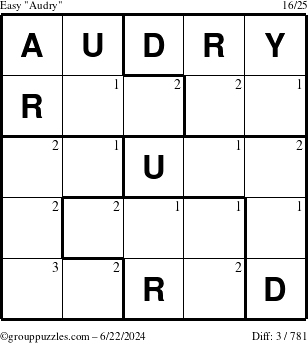 The grouppuzzles.com Easy Audry puzzle for Saturday June 22, 2024 with the first 3 steps marked