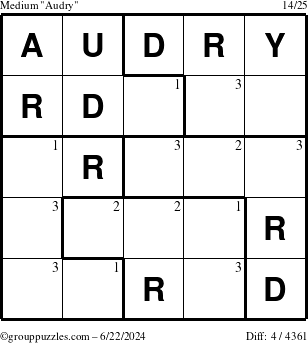 The grouppuzzles.com Medium Audry puzzle for Saturday June 22, 2024 with the first 3 steps marked