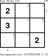 The grouppuzzles.com Easy TicTac-123 puzzle for Saturday June 22, 2024, suitable for printing, with all 2 steps marked