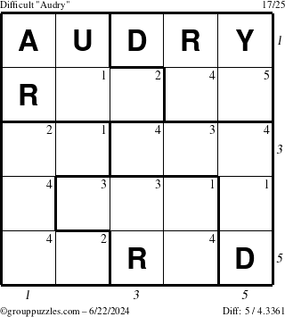 The grouppuzzles.com Difficult Audry puzzle for Saturday June 22, 2024 with all 5 steps marked