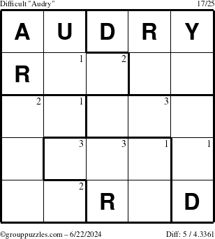 The grouppuzzles.com Difficult Audry puzzle for Saturday June 22, 2024 with the first 3 steps marked