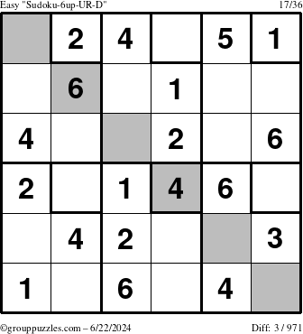 The grouppuzzles.com Easy Sudoku-6up-UR-D puzzle for Saturday June 22, 2024