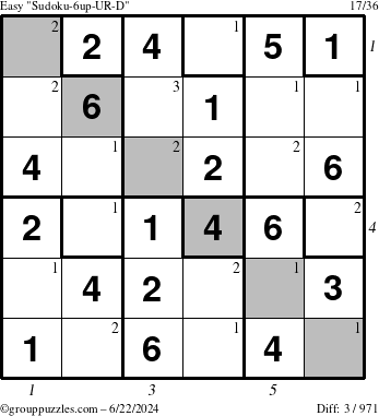 The grouppuzzles.com Easy Sudoku-6up-UR-D puzzle for Saturday June 22, 2024 with all 3 steps marked