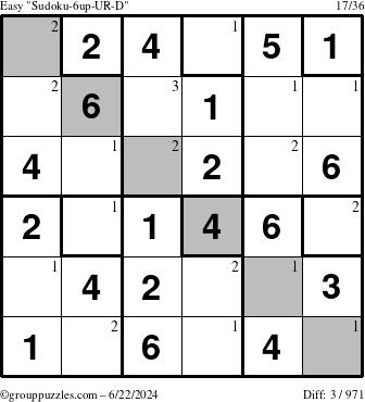 The grouppuzzles.com Easy Sudoku-6up-UR-D puzzle for Saturday June 22, 2024 with the first 3 steps marked