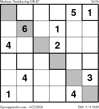 The grouppuzzles.com Medium Sudoku-6up-UR-D puzzle for Saturday June 22, 2024