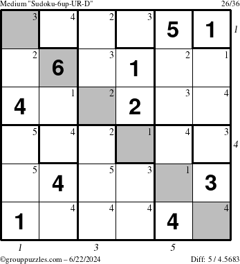 The grouppuzzles.com Medium Sudoku-6up-UR-D puzzle for Saturday June 22, 2024, suitable for printing, with all 5 steps marked