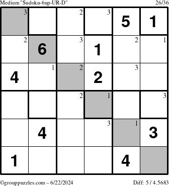 The grouppuzzles.com Medium Sudoku-6up-UR-D puzzle for Saturday June 22, 2024 with the first 3 steps marked