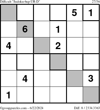 The grouppuzzles.com Difficult Sudoku-6up-UR-D puzzle for Saturday June 22, 2024