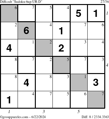 The grouppuzzles.com Difficult Sudoku-6up-UR-D puzzle for Saturday June 22, 2024 with all 8 steps marked