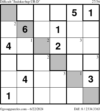 The grouppuzzles.com Difficult Sudoku-6up-UR-D puzzle for Saturday June 22, 2024 with the first 3 steps marked