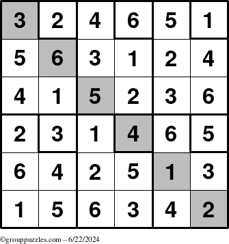 The grouppuzzles.com Answer grid for the Sudoku-6up-UR-D puzzle for Saturday June 22, 2024