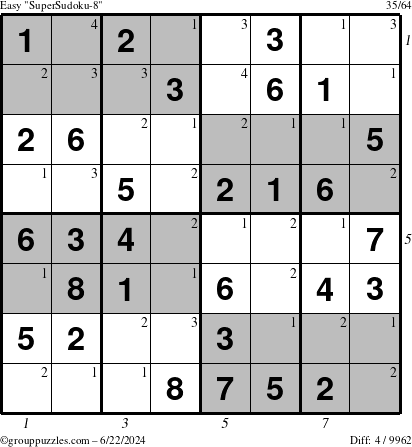 The grouppuzzles.com Easy SuperSudoku-8 puzzle for Saturday June 22, 2024 with all 4 steps marked