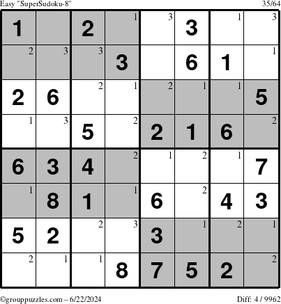 The grouppuzzles.com Easy SuperSudoku-8 puzzle for Saturday June 22, 2024 with the first 3 steps marked