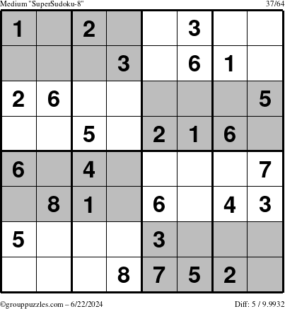 The grouppuzzles.com Medium SuperSudoku-8 puzzle for Saturday June 22, 2024