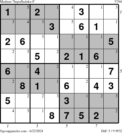 The grouppuzzles.com Medium SuperSudoku-8 puzzle for Saturday June 22, 2024 with all 5 steps marked