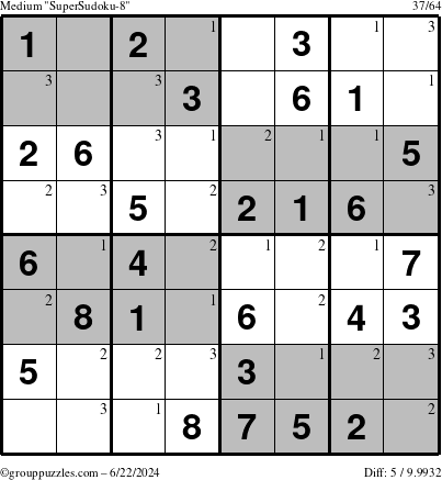 The grouppuzzles.com Medium SuperSudoku-8 puzzle for Saturday June 22, 2024 with the first 3 steps marked