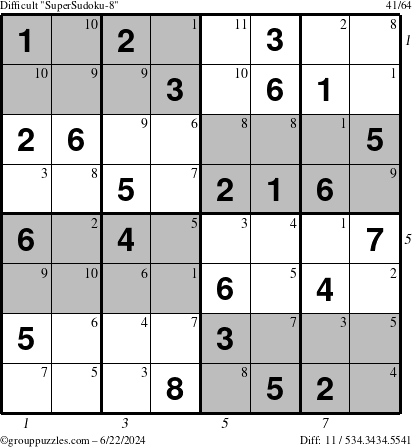 The grouppuzzles.com Difficult SuperSudoku-8 puzzle for Saturday June 22, 2024 with all 11 steps marked