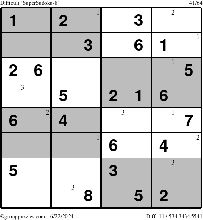 The grouppuzzles.com Difficult SuperSudoku-8 puzzle for Saturday June 22, 2024 with the first 3 steps marked