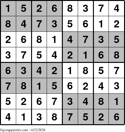 The grouppuzzles.com Answer grid for the SuperSudoku-8 puzzle for Saturday June 22, 2024