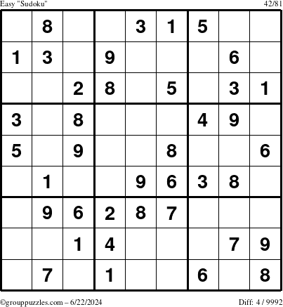 The grouppuzzles.com Easy Sudoku puzzle for Saturday June 22, 2024