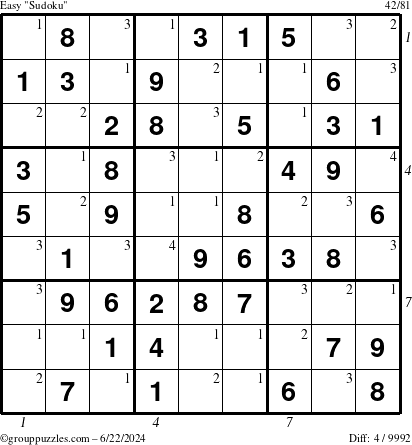 The grouppuzzles.com Easy Sudoku puzzle for Saturday June 22, 2024 with all 4 steps marked