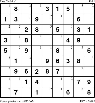 The grouppuzzles.com Easy Sudoku puzzle for Saturday June 22, 2024 with the first 3 steps marked