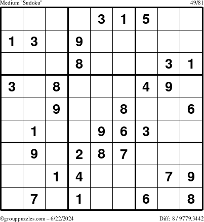 The grouppuzzles.com Medium Sudoku puzzle for Saturday June 22, 2024