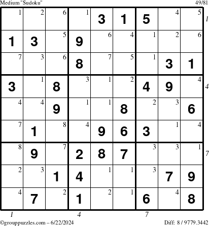 The grouppuzzles.com Medium Sudoku puzzle for Saturday June 22, 2024 with all 8 steps marked