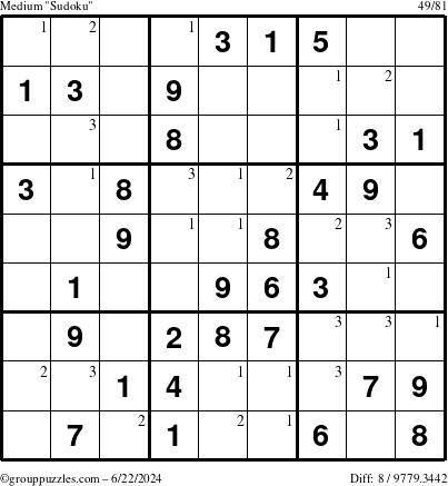 The grouppuzzles.com Medium Sudoku puzzle for Saturday June 22, 2024 with the first 3 steps marked