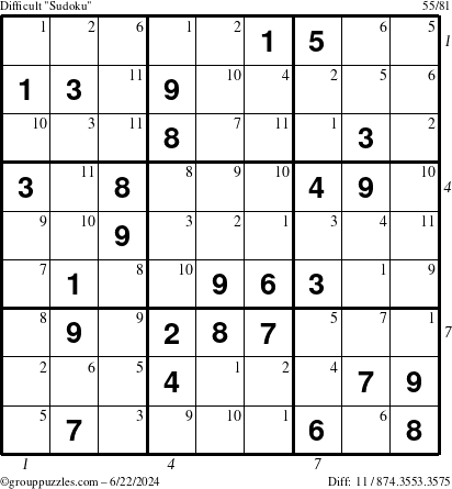 The grouppuzzles.com Difficult Sudoku puzzle for Saturday June 22, 2024 with all 11 steps marked