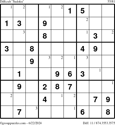 The grouppuzzles.com Difficult Sudoku puzzle for Saturday June 22, 2024 with the first 3 steps marked