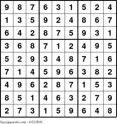 The grouppuzzles.com Answer grid for the Sudoku puzzle for Saturday June 22, 2024