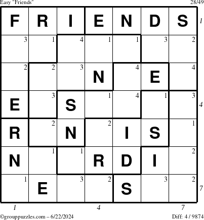 The grouppuzzles.com Easy Friends puzzle for Saturday June 22, 2024 with all 4 steps marked