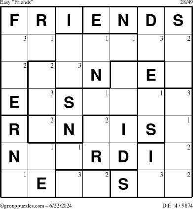 The grouppuzzles.com Easy Friends puzzle for Saturday June 22, 2024 with the first 3 steps marked