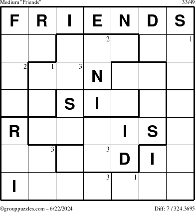 The grouppuzzles.com Medium Friends puzzle for Saturday June 22, 2024 with the first 3 steps marked