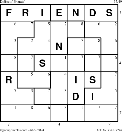 The grouppuzzles.com Difficult Friends puzzle for Saturday June 22, 2024 with all 8 steps marked