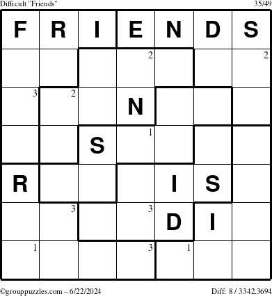 The grouppuzzles.com Difficult Friends puzzle for Saturday June 22, 2024 with the first 3 steps marked