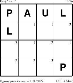 The grouppuzzles.com Easy Paul puzzle for Saturday November 1, 2025 with the first 3 steps marked