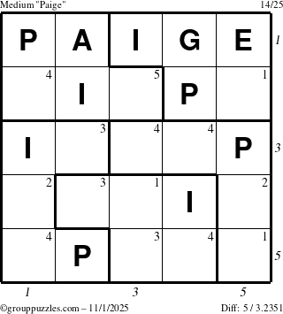 The grouppuzzles.com Medium Paige puzzle for Saturday November 1, 2025 with all 5 steps marked