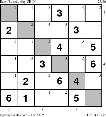 The grouppuzzles.com Easy Sudoku-6up-UR-D puzzle for Saturday November 1, 2025 with all 4 steps marked