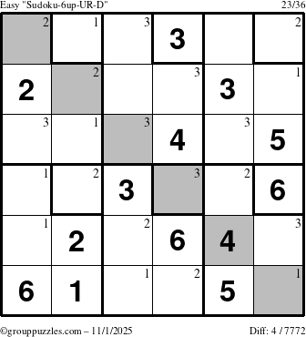 The grouppuzzles.com Easy Sudoku-6up-UR-D puzzle for Saturday November 1, 2025 with the first 3 steps marked