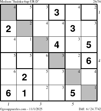 The grouppuzzles.com Medium Sudoku-6up-UR-D puzzle for Saturday November 1, 2025, suitable for printing, with all 6 steps marked
