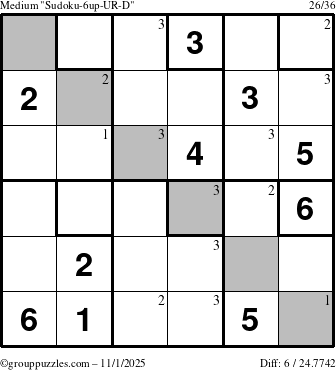 The grouppuzzles.com Medium Sudoku-6up-UR-D puzzle for Saturday November 1, 2025 with the first 3 steps marked