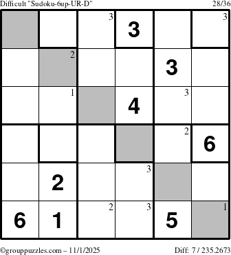 The grouppuzzles.com Difficult Sudoku-6up-UR-D puzzle for Saturday November 1, 2025 with the first 3 steps marked