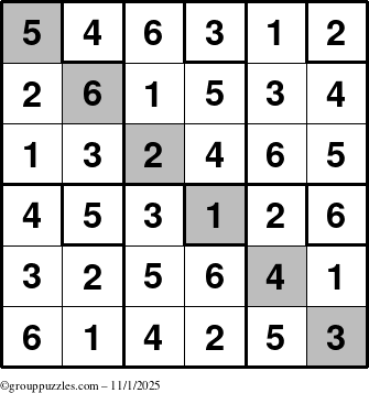 The grouppuzzles.com Answer grid for the Sudoku-6up-UR-D puzzle for Saturday November 1, 2025