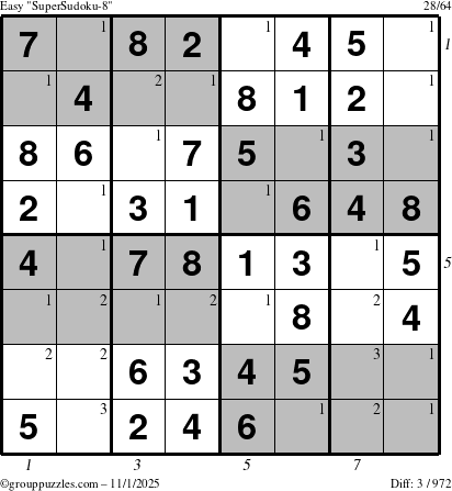 The grouppuzzles.com Easy SuperSudoku-8 puzzle for Saturday November 1, 2025 with all 3 steps marked