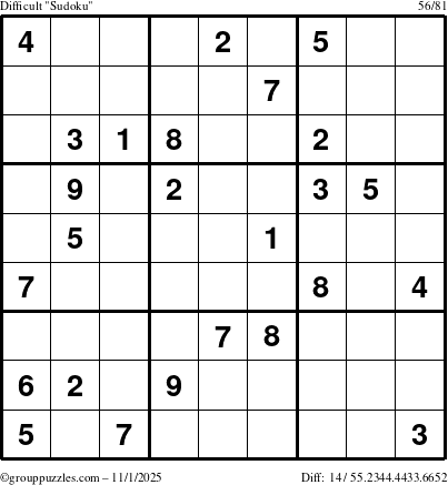 The grouppuzzles.com Difficult Sudoku puzzle for Saturday November 1, 2025