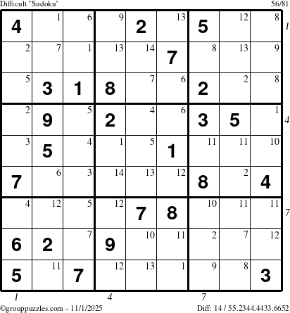 The grouppuzzles.com Difficult Sudoku puzzle for Saturday November 1, 2025 with all 14 steps marked