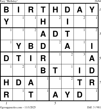 The grouppuzzles.com Easy Birthday puzzle for Saturday November 1, 2025, suitable for printing, with all 3 steps marked