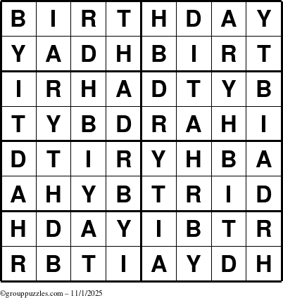 The grouppuzzles.com Answer grid for the Birthday puzzle for Saturday November 1, 2025